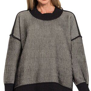 Zenana Exposed Seam Two Tone Ribbed Sweater